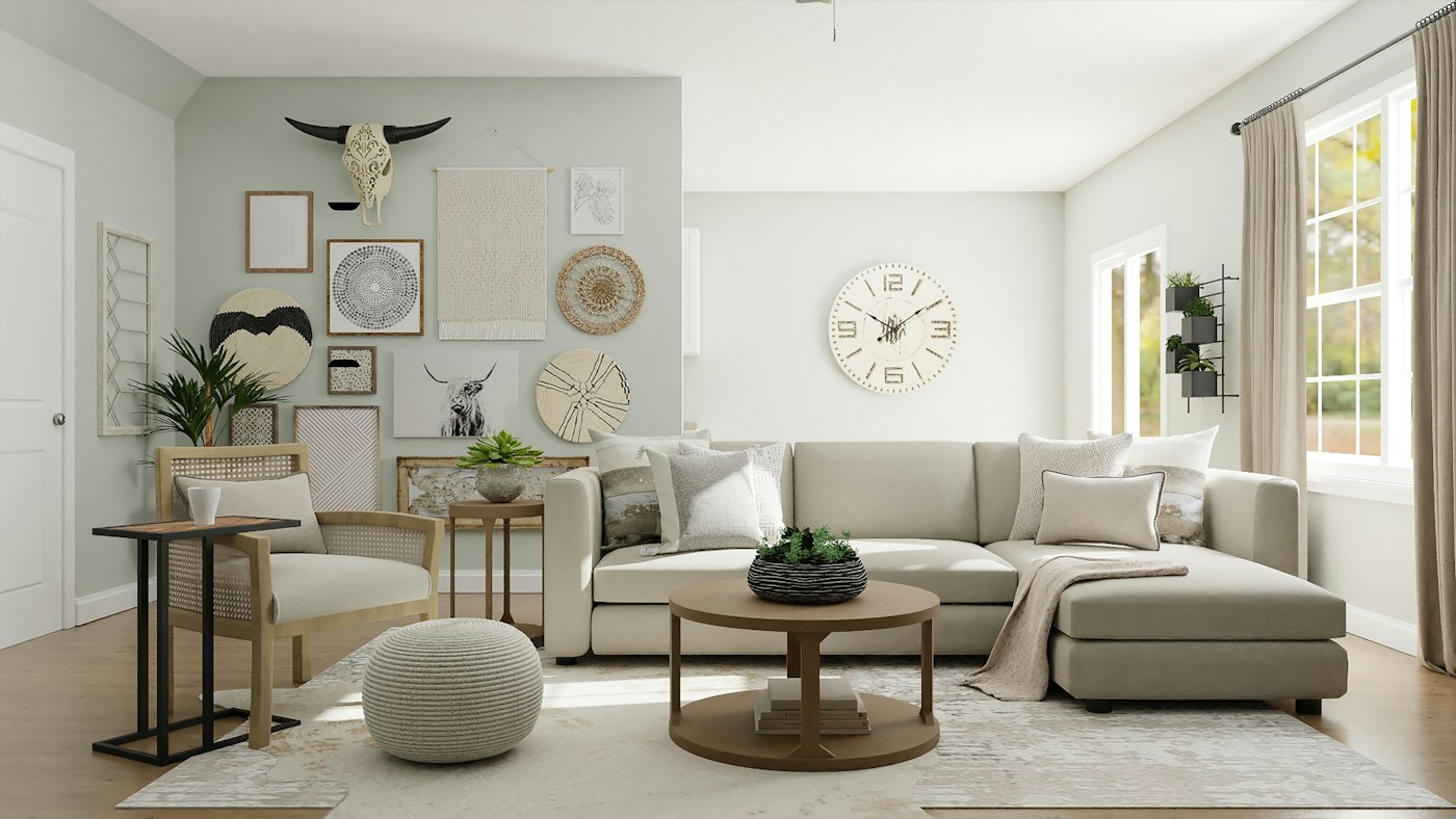 A bright living room with layered seating, natural textures, and plants